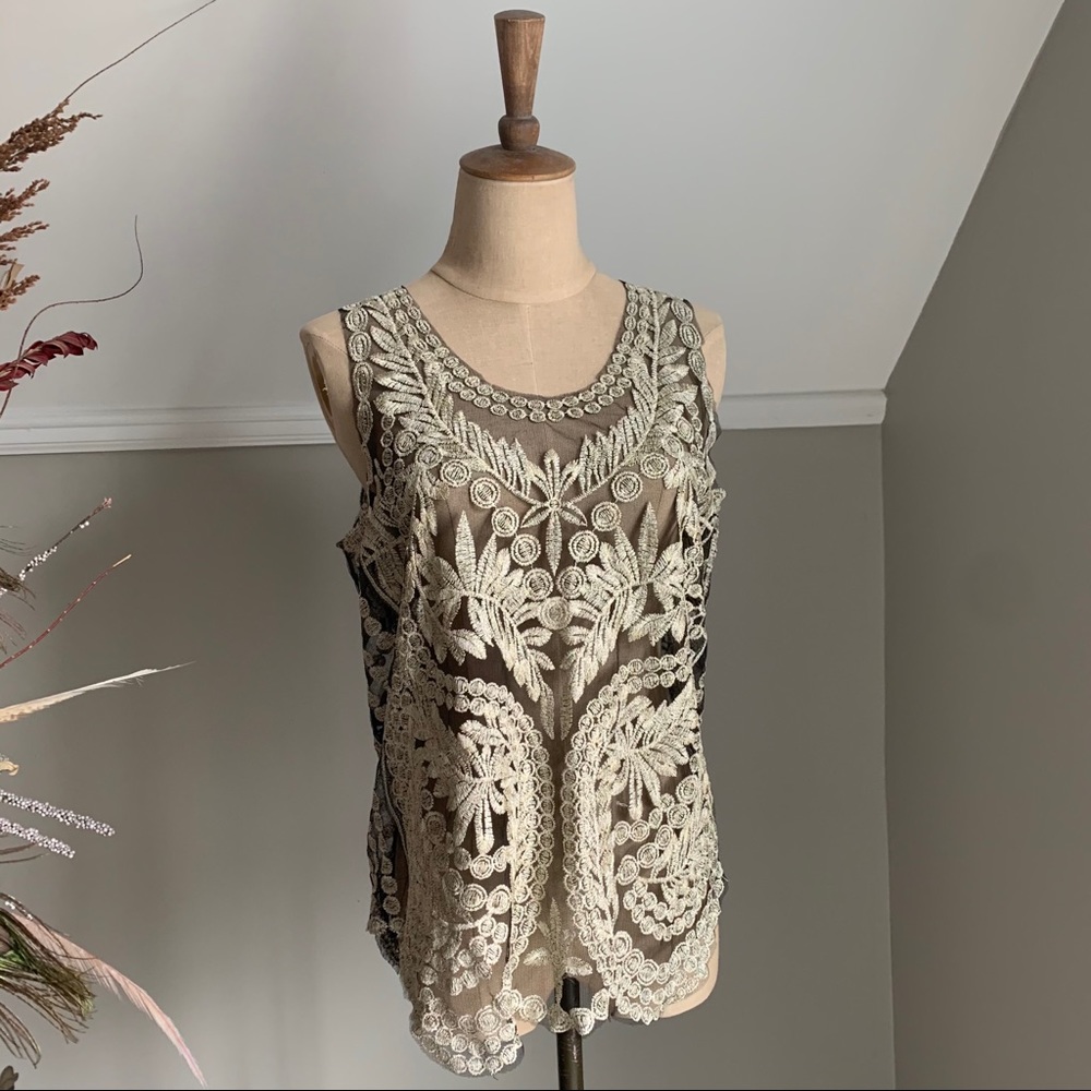 Metallic embroidered sheer tank top